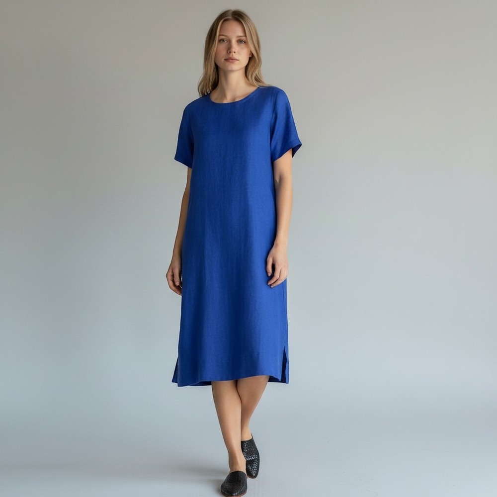 Eileen Fisher Linen Blend Midi Shift Dress L Blue Short Sleeve Textured Pocket
